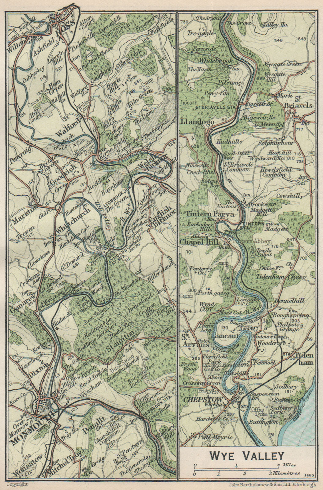 WYE VALLEY. Vintage map plan. Monmouth Ross-on-Wye Chepstow 1930 old